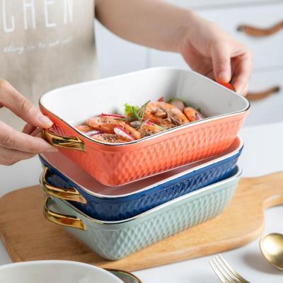 MDZF SWEETHOME Golden Side Baking Tray Rectangle Oval Ceramic Glaze Baking Pan Barbecue Salad Plate Oven Kitchen Bableware