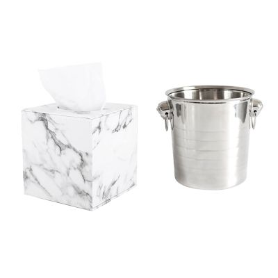 1 Pcs Marble Square Square Tissue Box PU Leather Roll Paper Holder &amp; 1 Pcs Stainless Steel Ice Punch Bucket Container 3L