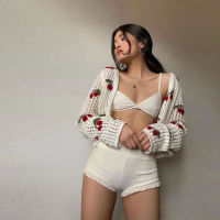 ins cherry embroidery white crochet hollow female short coat base cardigan cardigan sweater