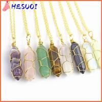 HESUOI เครื่องประดับ อเมทิสต์ ทรายสีฟ้า จี้หินพันลวด หินธรรมชาติ โรสควอตซ์ สร้อยคอคริสตัลทรงกระบอกหกเหลี่ยม