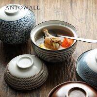 ANTOWALL ญี่ปุ่น HENGFENG 4.5นิ้วและ6.5นิ้วเซรามิคซุป Mangkuk Bertutup ชามสีฟ้าและข้าวขาวตุ๋นซุปมิโซะ Tureen