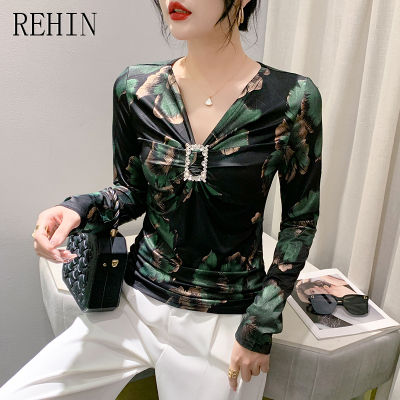 REHIN เสื้อยืดแฟชั่นปักลายสำหรับผู้หญิง,เสื้อยืดเข้ารูปพอดีแฟชั่นติดเพชรแขนยาวสไตล์ยุโรป2023