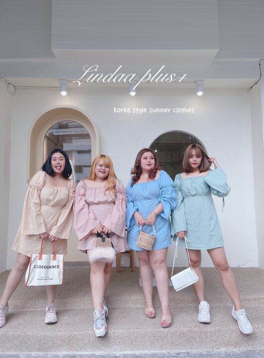 ชุดเดรสสาอวบ-ทรงสม๊อคแขนป่อง-ปาดไหล่-ไซส์ใหญ่-plussize