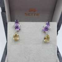 ERLME0217 [เซตเต้ โมด้า] ต่างหูพลอย Lemon Quartz / Amethyst และ CZ ตัวเรือนเงิน สเตอริงค์ ซิลเวอร์ ชุบทองคำขาว 18K Gemstone Earrings