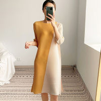 Miyake Pleated Midi Dress Stitching Elegant Commuter Loose Contrast Color Dress Chubby Girls Belly Covering A- Line Dress Styish