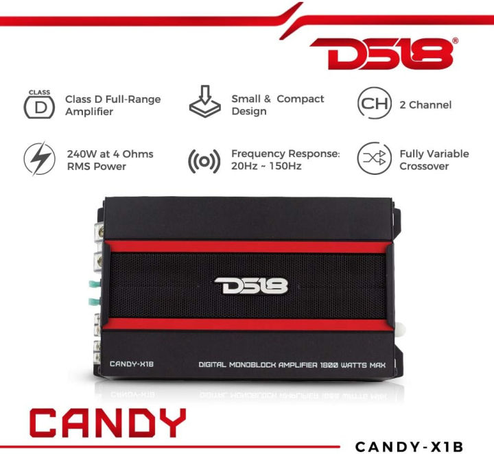 ds18-candy-x1b-amplifier-in-black-class-d-monoblock-1800-watts-max-digital-1-2-4-ohm-with-remote-subwoofer-level-controller-compact-amplifier-for-speakers-in-car-audio-system-1800-watts-1-channel