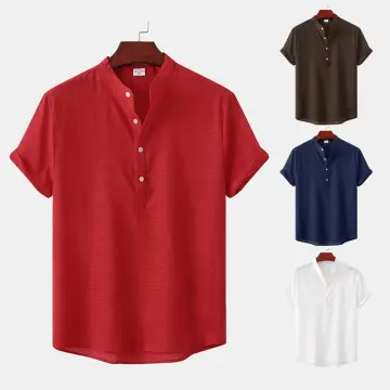 Menswear Solid Short Sleeve Stand Collar V-shaped Slim Summer T-shirt  Buttons