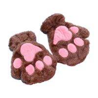 Women Winter Warm Half Finger Gloves Cute Cartoon Cat Paw Embroidery Anime Kitten Thicken Fuzzy Plush Fingerless Mittens