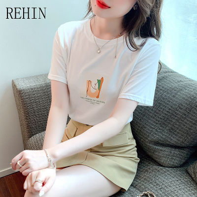 REHIN เสื้อยืดแขนสั้นผู้หญิง,เสื้อยืดคอกลมสีขาวผ้าฝ้ายสีขาวทรงหลวมดีไซน์บางฤดูร้อนสไตล์เกาหลีแบบใหม่