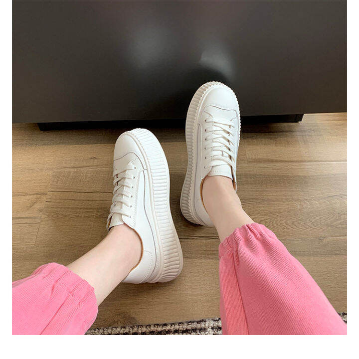 รองเท้าบิสกิตหนังพื้นหนารองเท้าสีขาวขนาดเล็กที่เข้ากันได้ทั้งหมดรองเท้าเดี่ยว2022รุ่นใหม่ของเกาหลี-yuantong-แบนผูกเชือกรองเท้าลำลอง
