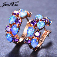 JUNXIN Luxury Teardrop Blue White Fire Opal Hoop Earrings For Women Round Purple Pink Zircon Engagement Earrings Female Jewelry