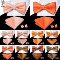 ☍☌☈ Hi-Tie Orange Tangerine Silk Mens Bow Tie Hankerchief Cufflinks Set Pre-tied Butterfly Knot Bowtie for Male Wedding Business