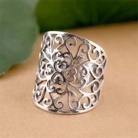 Wide Face Hollow Flower Vintage Open Ring 925 Pure Silver Carving Women 39;s Ring Size Adjustable Opening