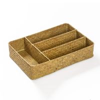 1pc Woven Storage Box 4 Grids Rattan Basket Gadgets Storage Box Snack Organizer Laundry Sundries Container Kitchen Storage Tray