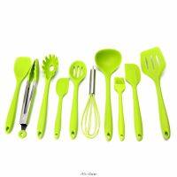 QTCF-10pcs/set Green Heat Resitant Non-stick Silicone Kitchen Utensils Set Cooking Bake Tool Spatula  Spoon  Brush  Wisk  Tong