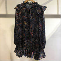 [COD]French Single New V-Neck Vintage Paisley Print Lotus Leaf-Side Women S Dress Vintage