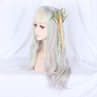 【LZ】▩✣✙  Peruca longa ondulada e encaracolada com Franja para mulheres perucas ciano mistas cabelo sintético cosplay Lolita natural festa diária