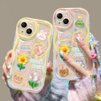 Rivel สายคล้องแบบมีเคสโทรศัพท์ซิลิโคนเนื้อนิ่มโปร่งใสการ์ตูนน่ารักลายดอกไม้3มิติ,สำหรับ iPhone 14 13 12 11 Pro Max Plus X XR XS Max เคสโทรศัพท์กันกระแทกพร้อมเลนส์ป้องกันกล้องคลุมทั้งหมด