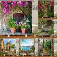 Flowers Scenery Waterproof Shower Curtains Rural Street Flowers Bathroom Curtains Polyester Fabric Washable Decor Bath Curtains