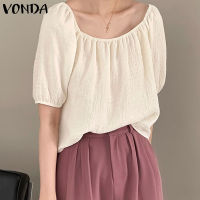 VONDA เสื้อยืดแขนสั้นผู้หญิงสีทึบลำลองเสื้อสตรีแบบจีบเสื้อยืดคอกลม (ลำลองเกาหลี)