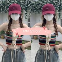 DD SHOPพร้อมส่ง C649 เสื้อสายเดี่ยวไหมพรม ใส่ได้2ฝั่งดีเทลลายทางสีสดใส -C