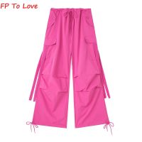 Y2K Pocket Cargo Pants Woman Loose Trousers Wide Leg Hot Pink Sashes Belt Campus PB ZA Female Yellow Red Grey Black
