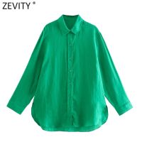 Zevity Women Vintage Green Color Loose Linen Blouse Office Lady Single Breasted Breathable Shirt Chic Chemise Blusas Tops LS9647