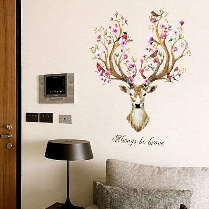 diy-sika-deer-head-flowers-wall-stickers-for-living-room-art-vinyl-wall-decals-for-kids-baby-home-decor-adesivo-de-parede