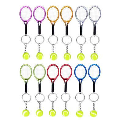12Pcs Mini Tennis Racket Keychain Key Ring, Fashionable Tennis Ball Split Ring Keychain for Sport Lovers Team