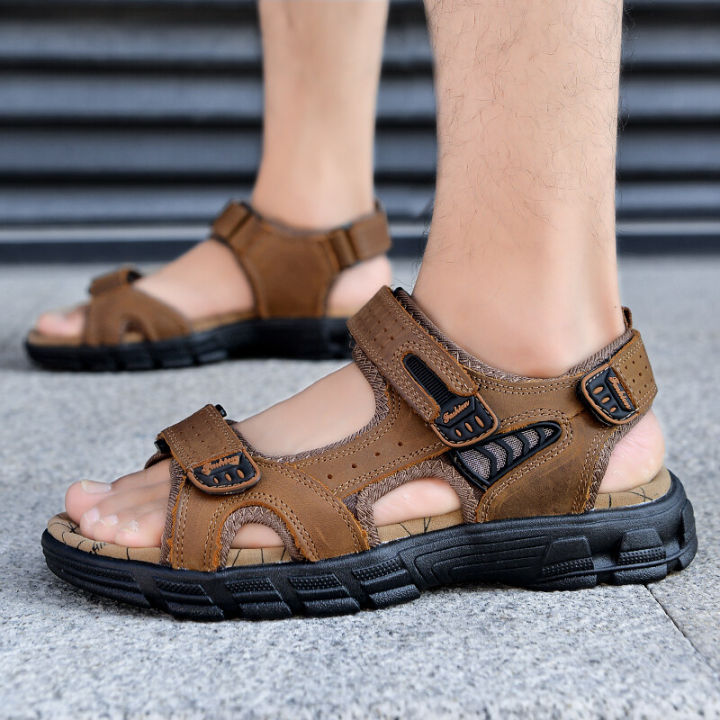 2023-mens-outdoor-sports-antique-map-leather-sandals-lace-up-sandals-beach-shoes-velcro-martini-beach-shoes