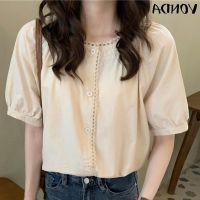 COD DSFERTRETRE VONDA Women Korean Casual Short Sleeve Button Up Crochet Patchwork Pleated Blouse