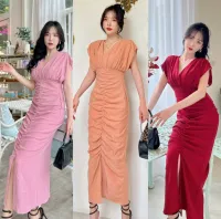 GANNIESHOP พร้อมส่ง (ตค5) S-4XL เดรส เดรสยาว เดรสสาวอวบ เดรสสีชมพู เดรสสีแดง เดรสสีโอรส ใส่ไปงานแต่ง เพื่อนเจ้าสาว ผ้ากริ๊ตเตอร์วิ้งๆ  ใส่เทียว