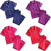 สีทึบเด็กซาตินชุดนอนชุดสี่ฤดูกาลชุดนอนสำหรับสาววัยรุ่นแขนยาวปุ่มลงท็อปส์กางเกงเสื้อผ้าเด็ก