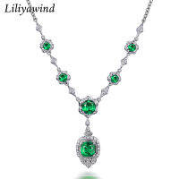 Liliyawind Luxury Evening Emerald Zircon จี้โลหะผสมเงินชุบ Clavicle สร้อยคอผู้หญิงเครื่องประดับ A8