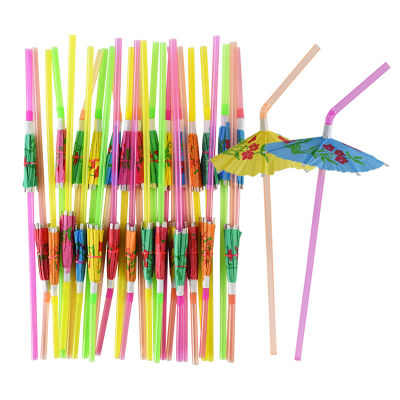 50Pcs ผสมสี Tropical ร่ม Parasol Straws หลอดพลาสติกค็อกเทลน้ำผลไม้อุปกรณ์ฮาวาย Party Beach ดื่ม Decor