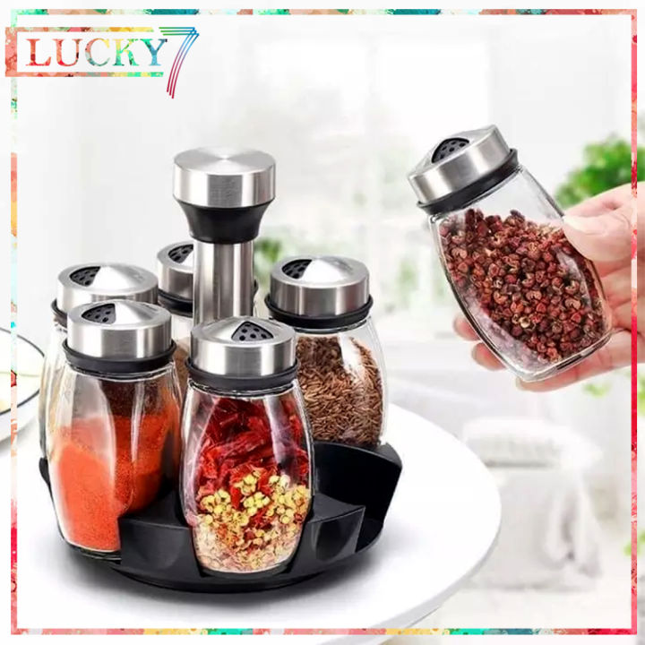 Spice Rack with 6 Glass Spice Holders Jar 360 Rotating Spinning