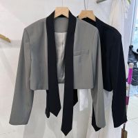 Uniqlo 2023 New Fashion version Ribbon short blazer for women Spring and Autumn 2023 design sense This years popular gray suit petite tops