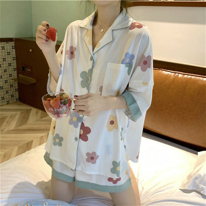pajama-sets-women-summer-ins-korean-lovely-floral-printed-half-sleeve-girls-homewear-loose-daily-sweet-fashion-ladies-sleepwear