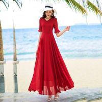 กระโปรงชายหาดสำหรับสุภาพสตรี Summer new five-quarter-sleeved long chiffon dress mom dress vacation beach dress elegant long skirt