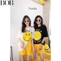 BOB Set เสื้อยืดแขนสั้นทรง Oversize สกรีน Smile ทั้งหน้าและหลัง Yunaka เฉพาะเสื้อยืด