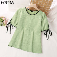 VONDA Women S Contrast Pleating Splicing Casual Crew Neck Contrast Design Comfort Cover Up Blouse (สาเหตุเกาหลี) #2