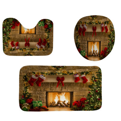 Christmas Bathroom Set Supplies Mat Toilet Seat Cover Carpet Waterproof Curtain Merry Christmas Decorations for Bath Room