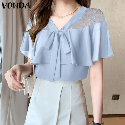 (จัดส่งฟรี)Fancystyle VONDA เสื้อสตรีแขนพองมีระบาย,เสื้อลูกไม้ผีเสื้อปมเสื้อสีทึบใส่ในที่ทำงาน