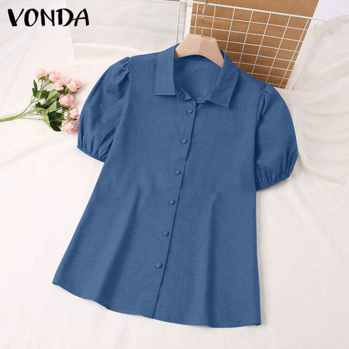 จัดส่งฟรี-fancystyle-vonda-ผู้หญิงสันทนาการอเนกประสงค์พัฟแขนสั้นเสื้อวินเทจหลวมเปิดลงปกท็อปส์-2