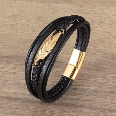 Classic multi-layered leather feather metal buckle bracelet men\s business casual party jewelry gifts wholesale