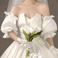 □ White Detachable Sleeves Wedding Arm Cover Skin-friendly Long Sleeves Puff Sleeve Bridal Decor for Woman Accessories