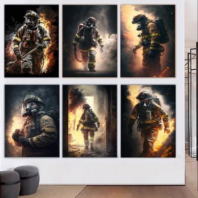 ✚ Fireman Hero ภาพโปสเตอร์พิมพ์ผ้าใบภาพวาดนักผจญเพลิง Wall Art รูปภาพสำหรับห้องนั่งเล่นที่ทันสมัยตกแต่งภายในบ้าน