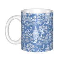 Customized Chinoiserie Pagoda Ancien Blue Delft Willow Coffee Mugs DIY Oriental Style Ceramic Tea Milk Cup