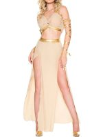 Greek Goddess Cosplay Costume for Women Halter Neck Tank Tops Slit Long Skirts and Arm Tie Straps Set Role Play Costumes