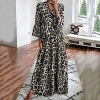 【YF】 Holiday Boho Leopard Print Maxi Dresses Womens Casual V-Neck Full Sleeve Long Dress Ladies Summer Beach Party Vestidos Feminina